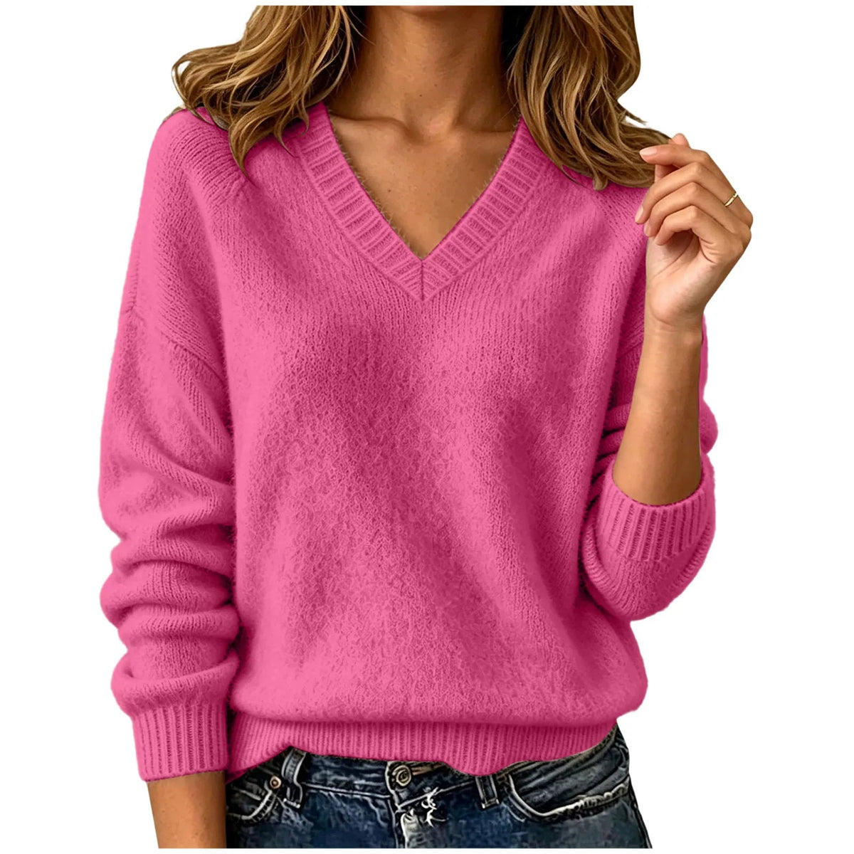 Palmer Women's Relaxed V-Neck Sweater — Oversized Drop Shoulder Knit in Hot Pink