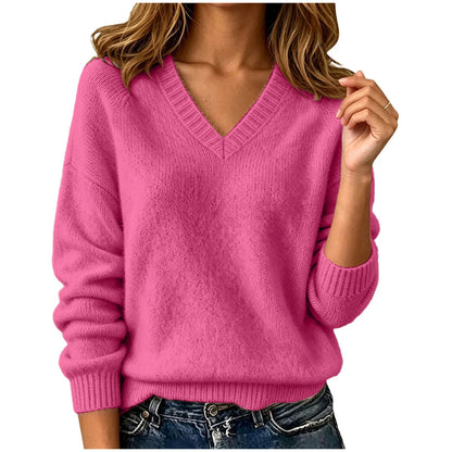 Palmer Women's Relaxed V-Neck Sweater — Oversized Drop Shoulder Knit in Hot Pink