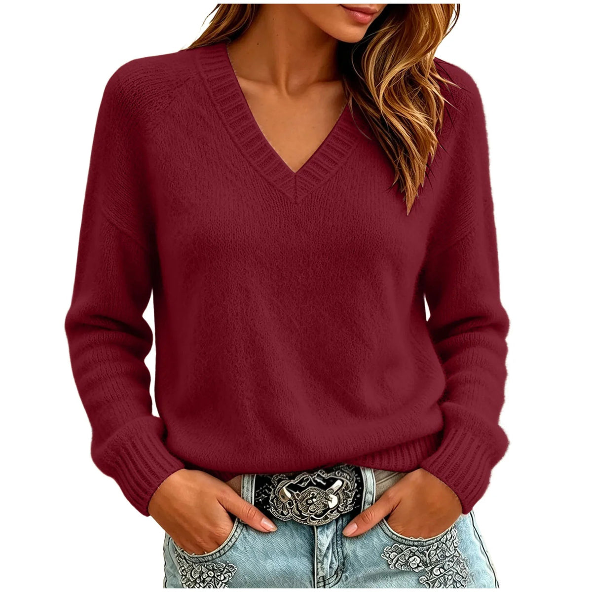 Palmer Women's Relaxed V-Neck Sweater — Oversized Drop Shoulder Knit in Red