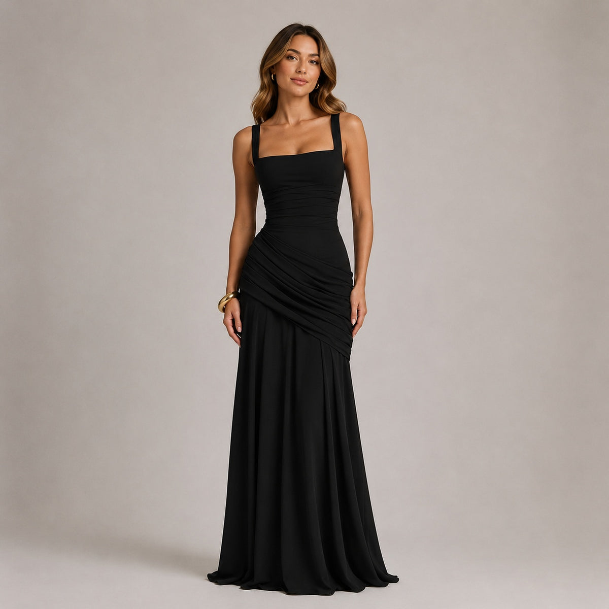 Ruched Maxi Evening Dress — Square Neckline & Fitted Silhouette