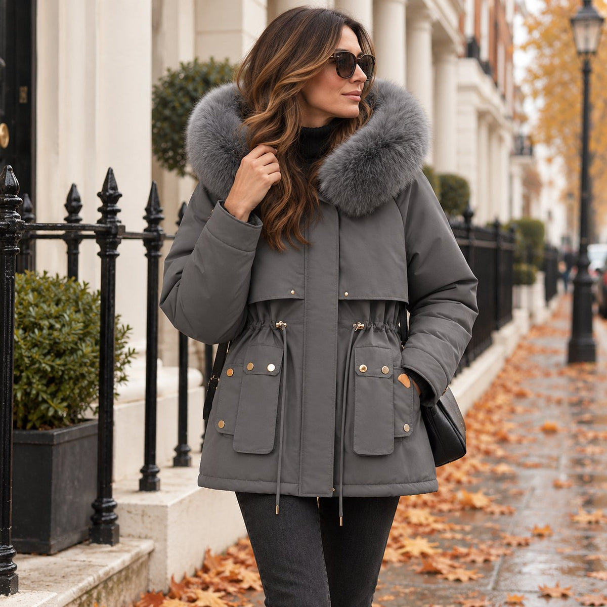 Short Parka Jacket with Detachable Faux Fur Hood & Padded Lining in Grey
