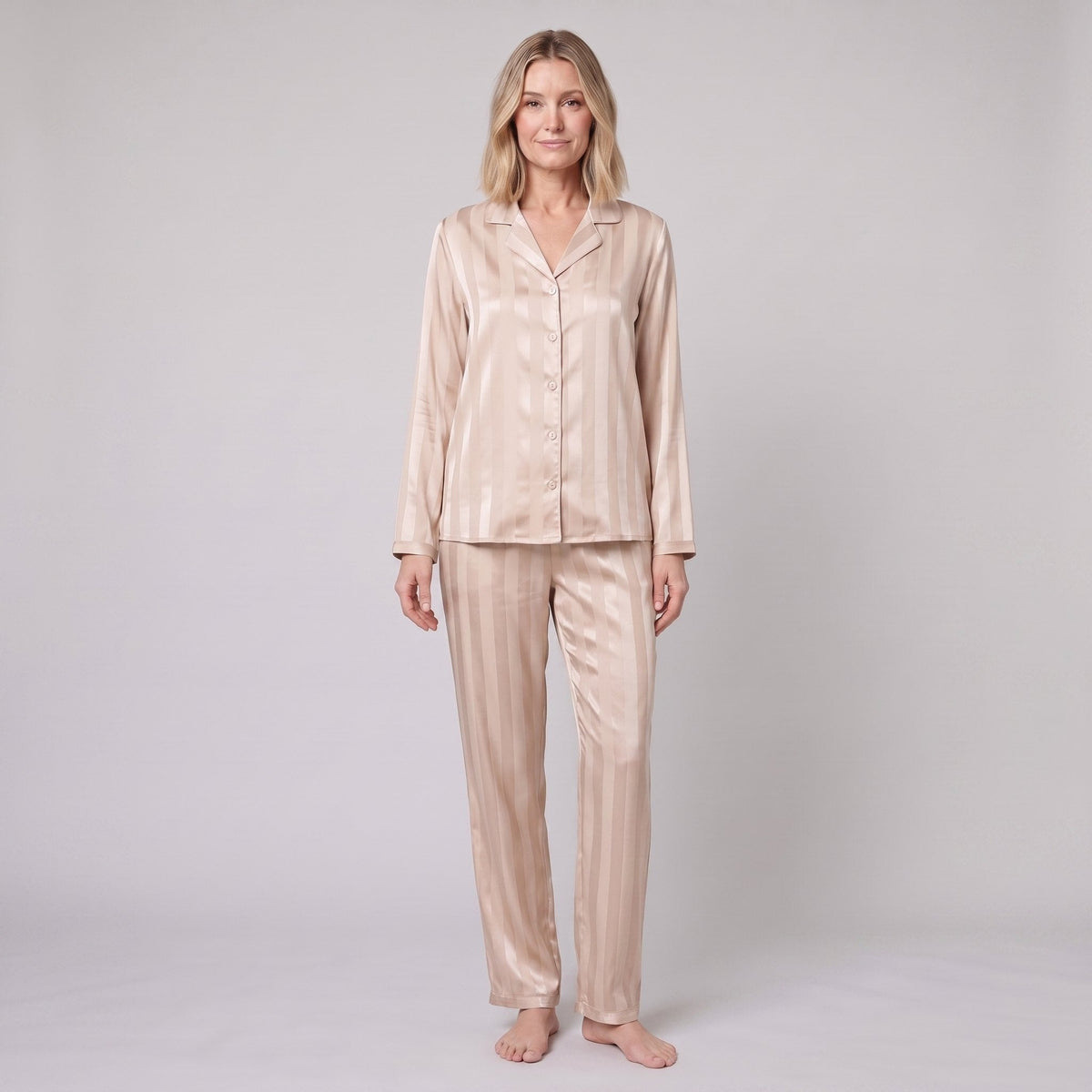 Women's Satin Striped Pajama Set — Button-Down Top & Pants 2