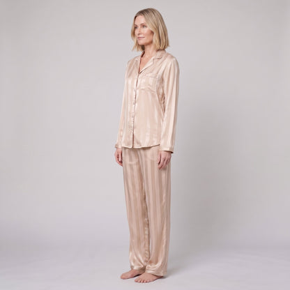 Women's Satin Striped Pajama Set — Button-Down Top & Pants 3