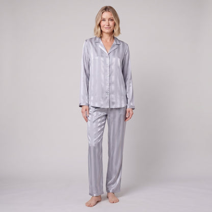 Women's Satin Striped Pajama Set — Button-Down Top & Pants 6