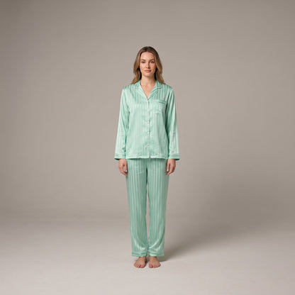 Women's Satin Striped Pajama Set — Button-Down Top & Pants 5