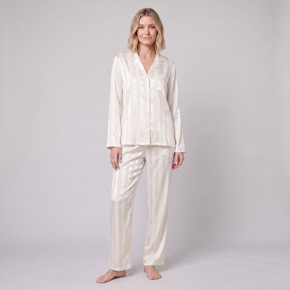 Women's Satin Striped Pajama Set — Button-Down Top & Pants 8