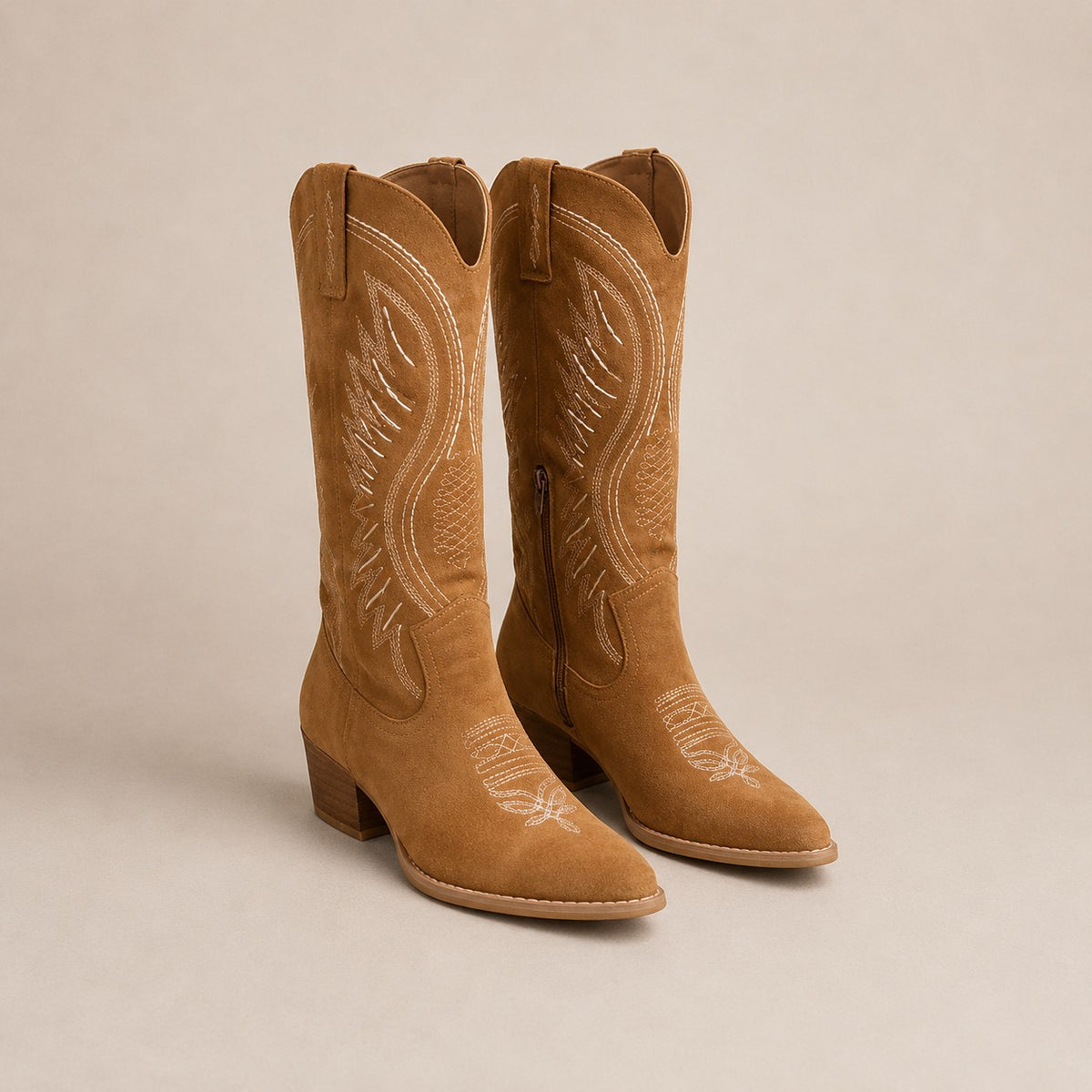 Embroidered Faux Suede Cowboy Boots – Western Block Heel