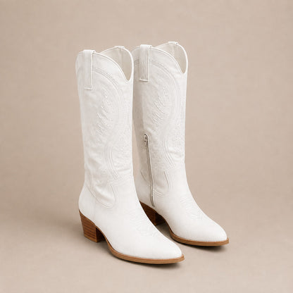 Embroidered Faux Suede Cowboy Boots – Western Block Heel