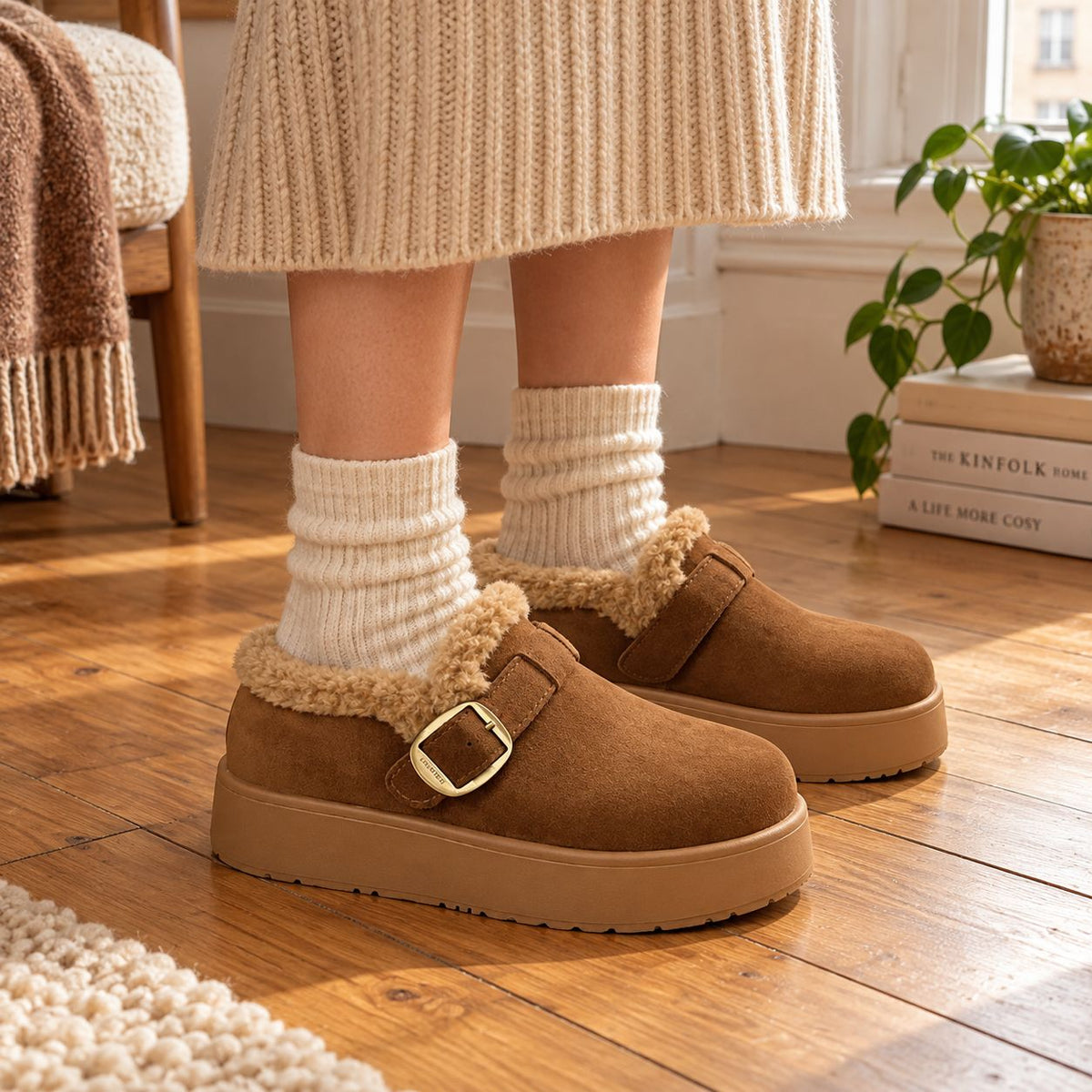 Women's Fleece-Lined Mule Slippers — Thick Platform Sole 1