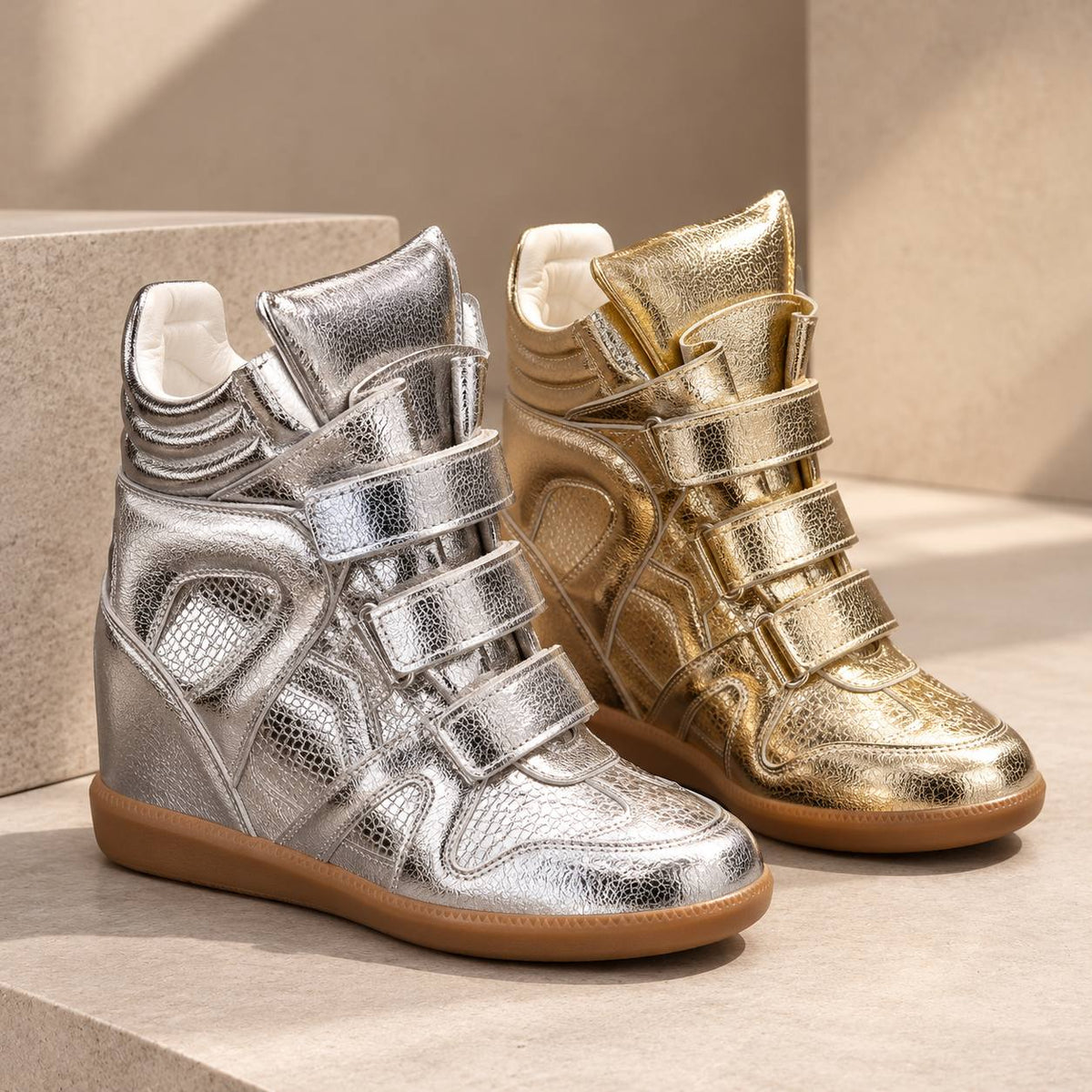 Women's Hidden Wedge Metallic Sneakers — Velcro High-Top 4