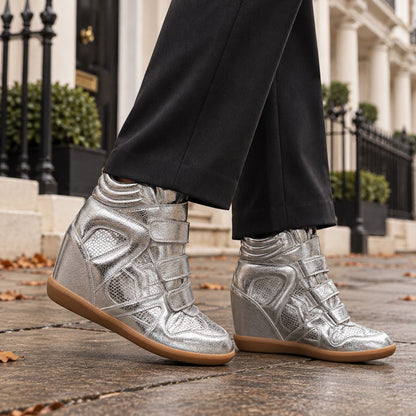 Women's Hidden Wedge Metallic Sneakers — Velcro High-Top 1