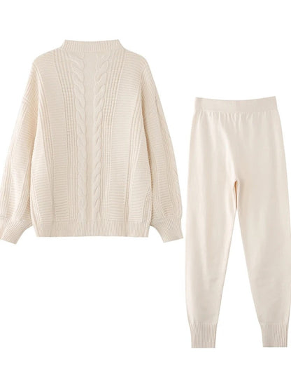 Women's Cable Knit Cardigan & Jogger Set — Cozy Two-Piece Loungewear in Beige