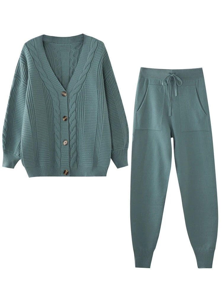 Women's Cable Knit Cardigan & Jogger Set — Cozy Two-Piece Loungewear in Sage Green