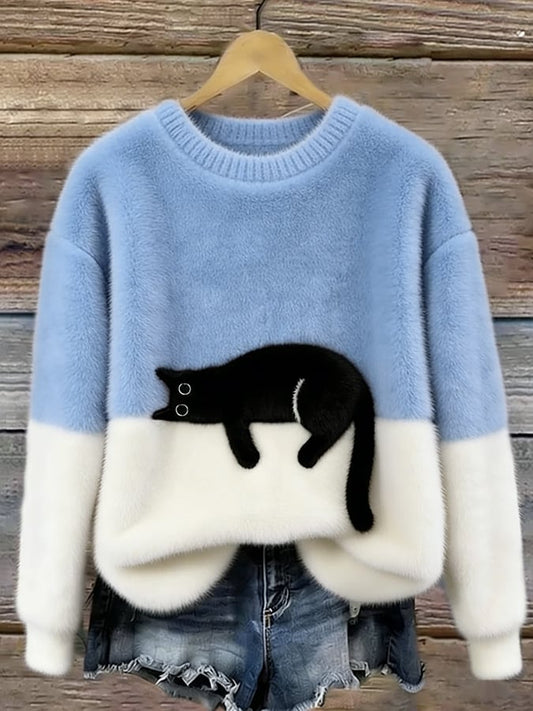 Women's Cat Motif Sweater — Round Neck Long Sleeve Ribbed 2