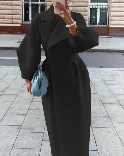 Women's Double-Breasted Wool Maxi Overcoat — Tailored Waist in Black