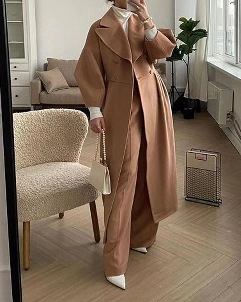 Women's Double-Breasted Wool Maxi Overcoat — Tailored Waist in Brown