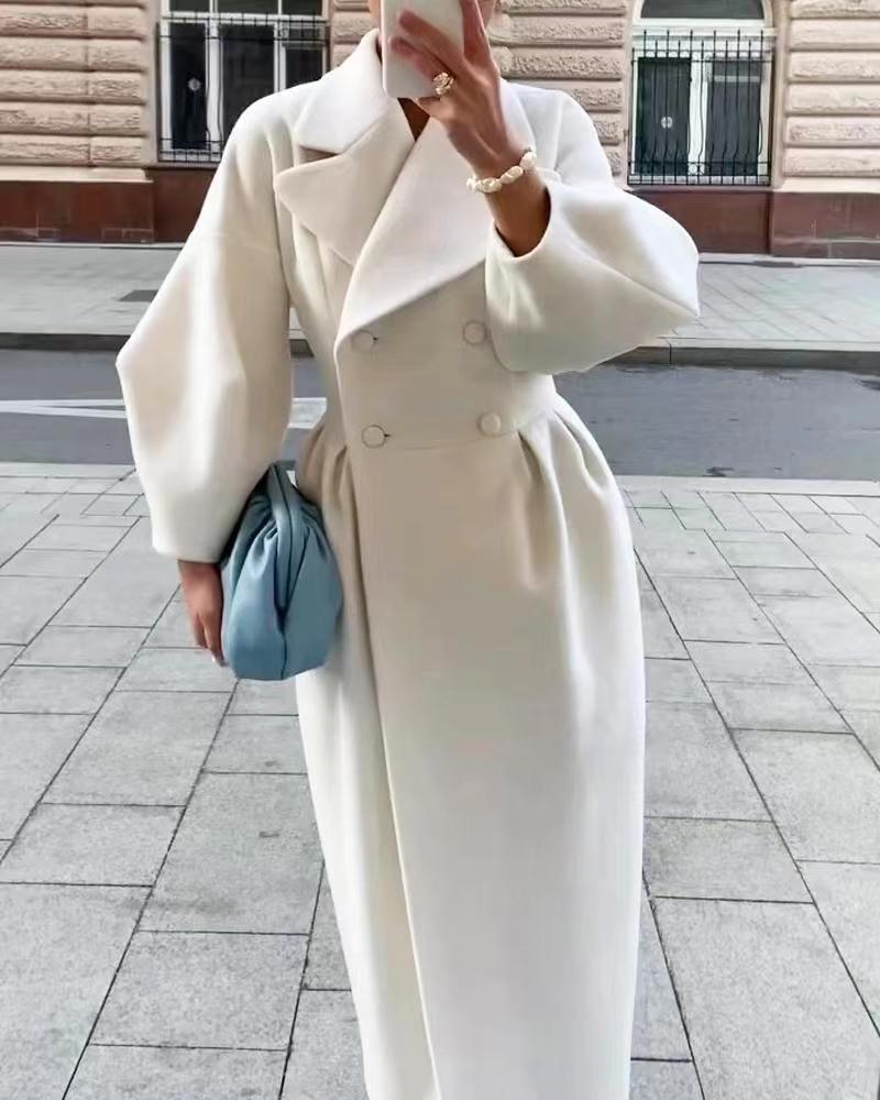 Women's Double-Breasted Wool Maxi Overcoat — Tailored Waist in White