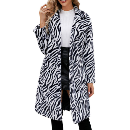 Women's Faux Fur Longline Coat — Animal Print Flare Sleeve — view 1