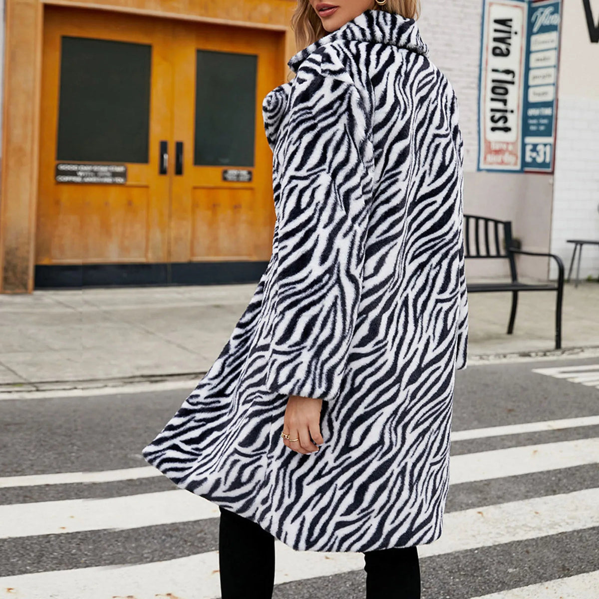 Women's Faux Fur Longline Coat — Animal Print Flare Sleeve in White