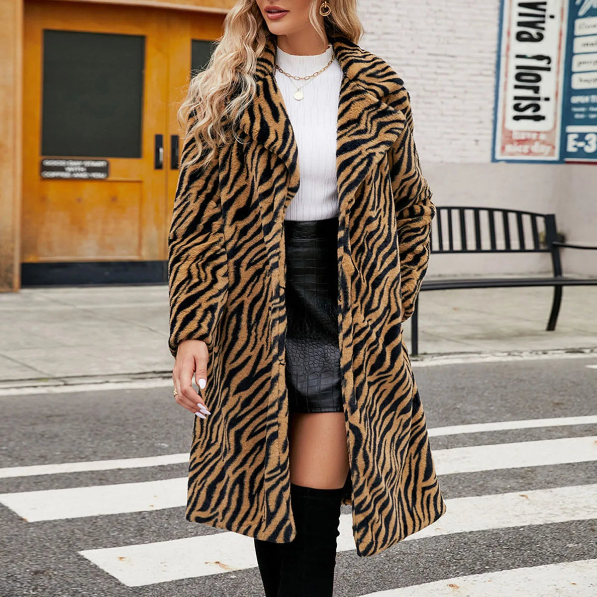 Women's Faux Fur Longline Coat — Animal Print Flare Sleeve in Yellow