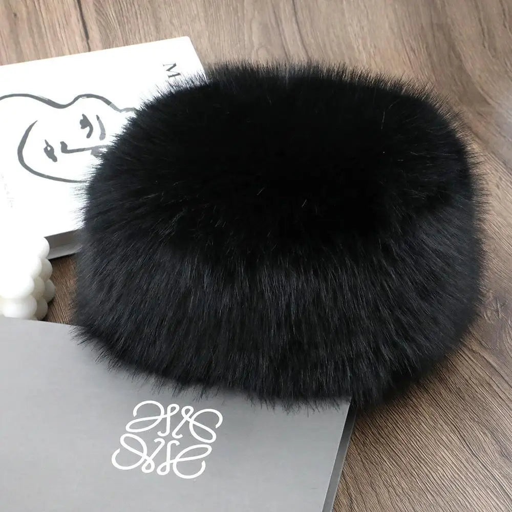 Women's Faux Fur Winter Hat — Thermal Windproof Ear Cover Ski Cap in Black