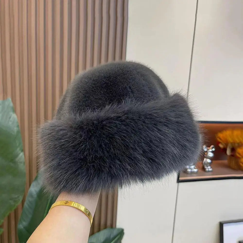Women's Faux Fur Winter Hat — Thermal Windproof Ear Cover Ski Cap in Dark Grey