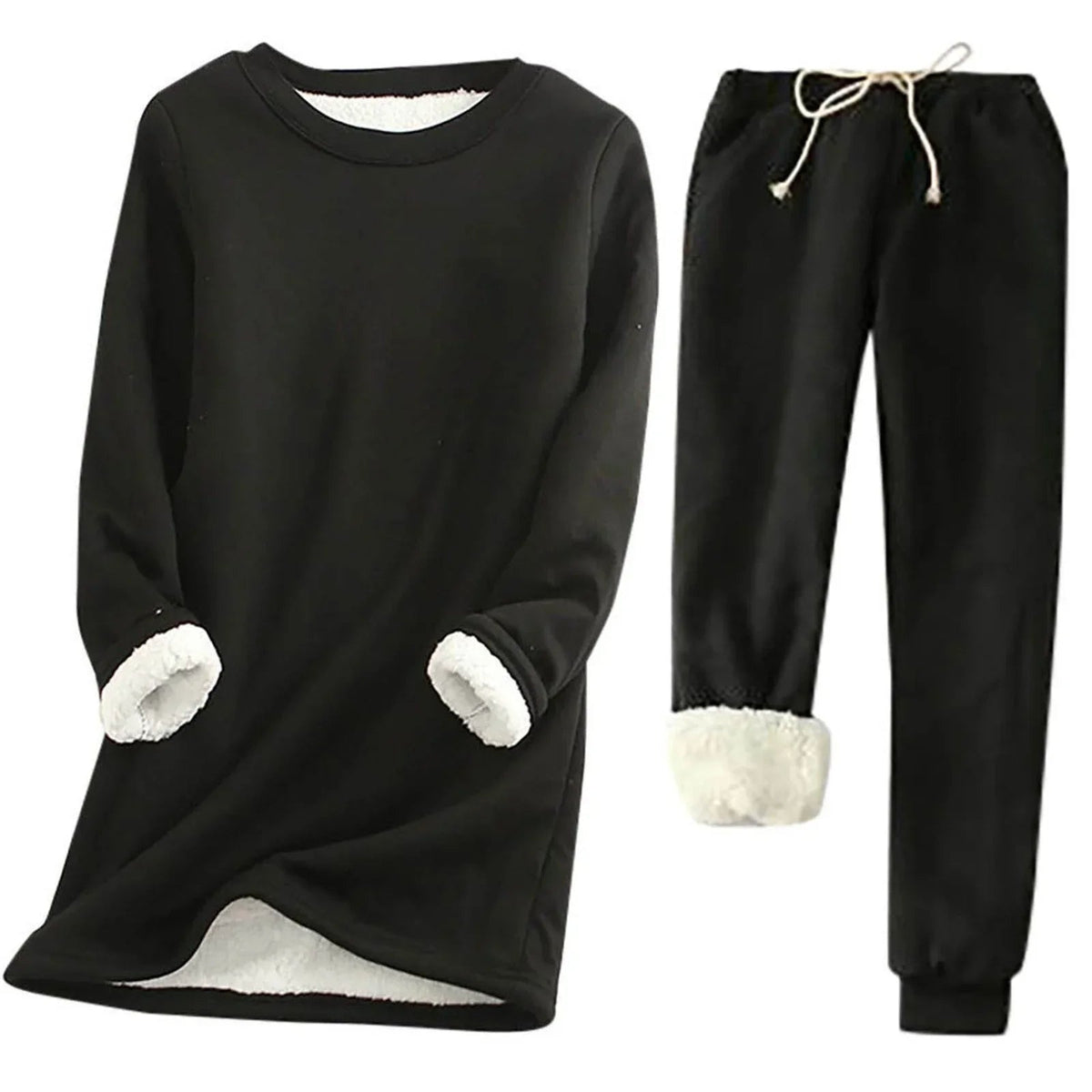 Women's Fleece-Lined Thermal Set — Long-Sleeve Top & Jogger Outfit in Black