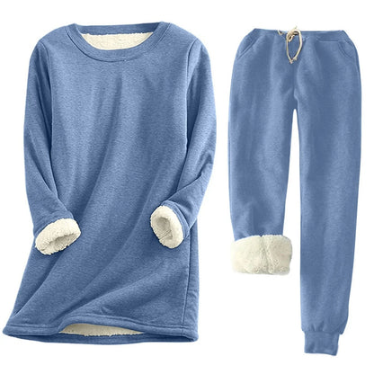 Women's Fleece-Lined Thermal Set — Long-Sleeve Top & Jogger Outfit in Blue
