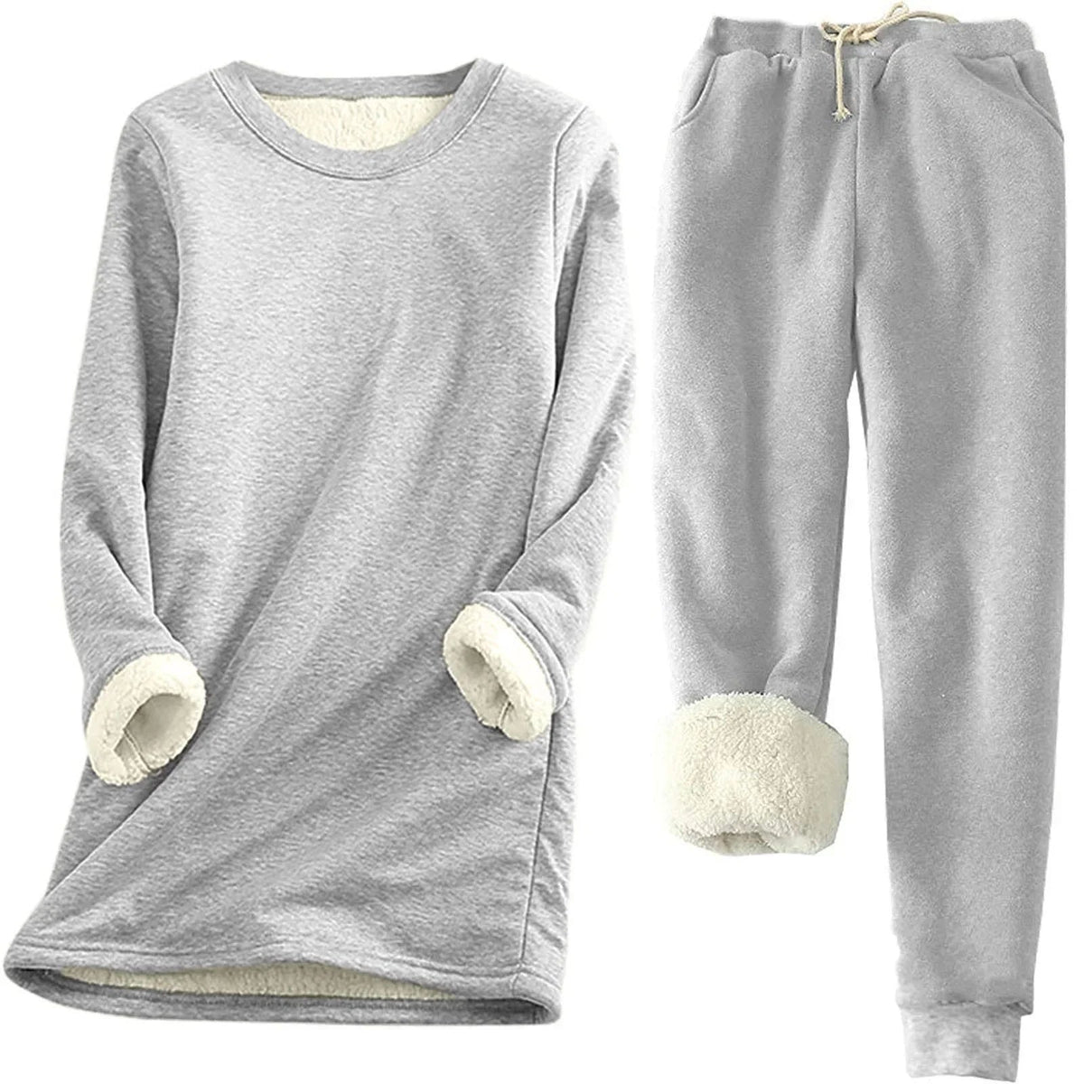 Women's Fleece-Lined Thermal Set — Long-Sleeve Top & Jogger Outfit in Light Grey