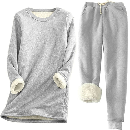 Women's Fleece-Lined Thermal Set — Long-Sleeve Top & Jogger Outfit in Light Grey
