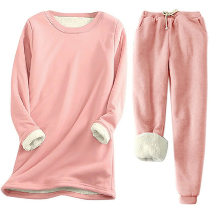 Women's Fleece-Lined Thermal Set — Long-Sleeve Top & Jogger Outfit in Pink