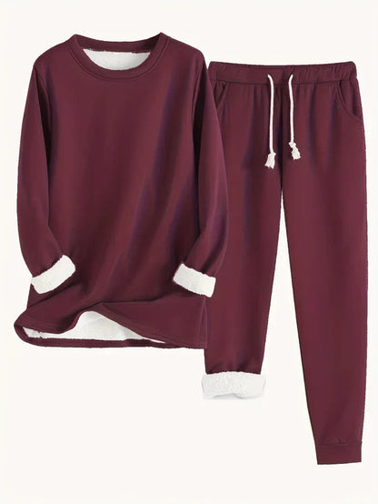 Women's Fleece-Lined Thermal Set — Long-Sleeve Top & Jogger Outfit in Wine Red