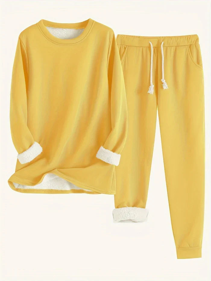 Women's Fleece-Lined Thermal Set — Long-Sleeve Top & Jogger Outfit in Yellow