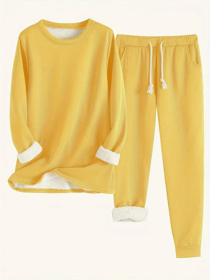 Women's Fleece-Lined Thermal Set — Long-Sleeve Top & Jogger Outfit in Yellow