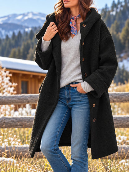 Women's Long Hooded Button-Front Fleece Coat