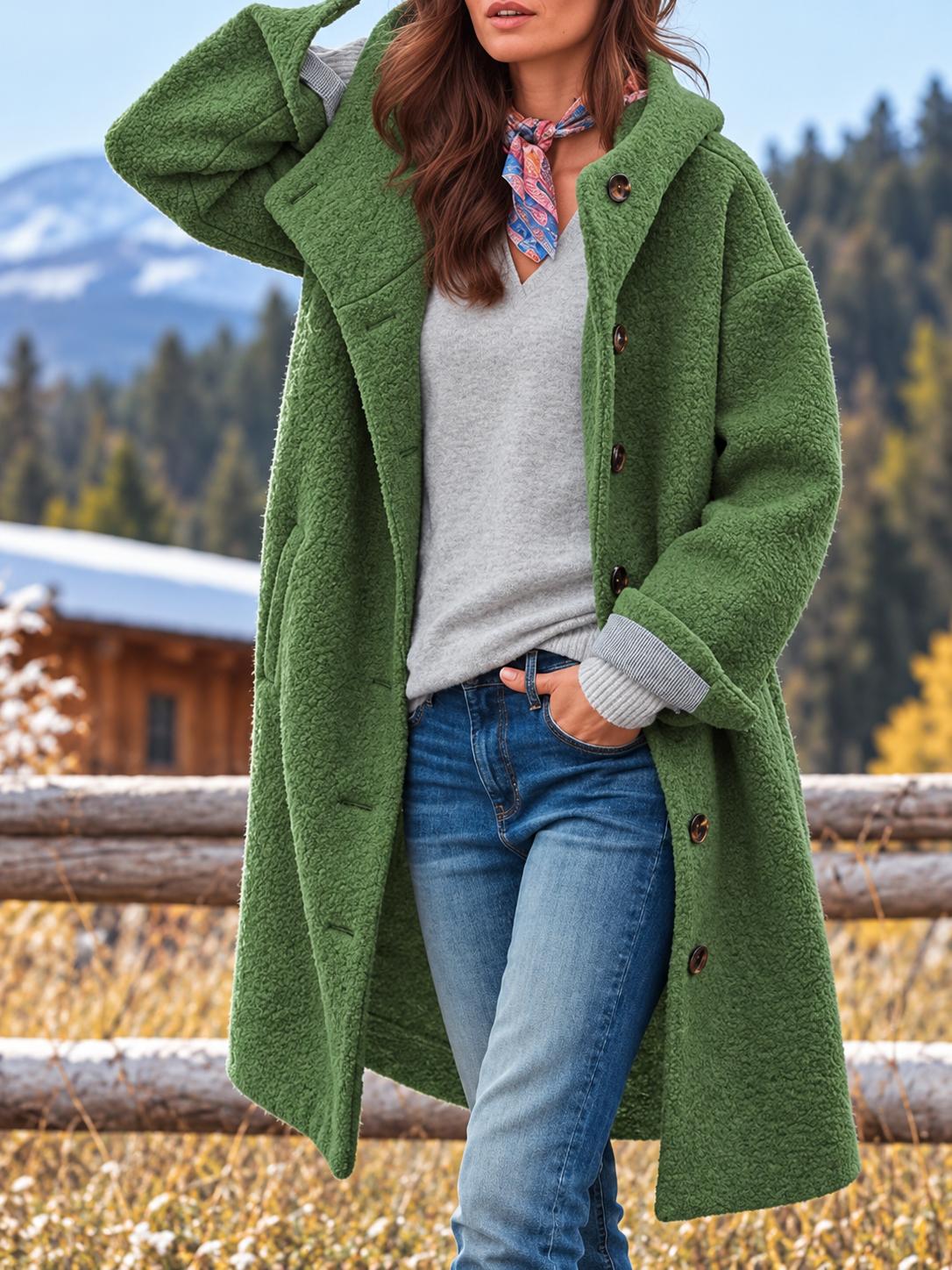 Women's Long Hooded Button-Front Fleece Coat