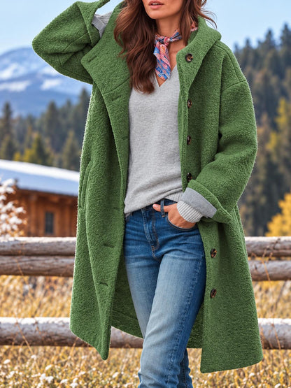 Women's Long Hooded Button-Front Fleece Coat