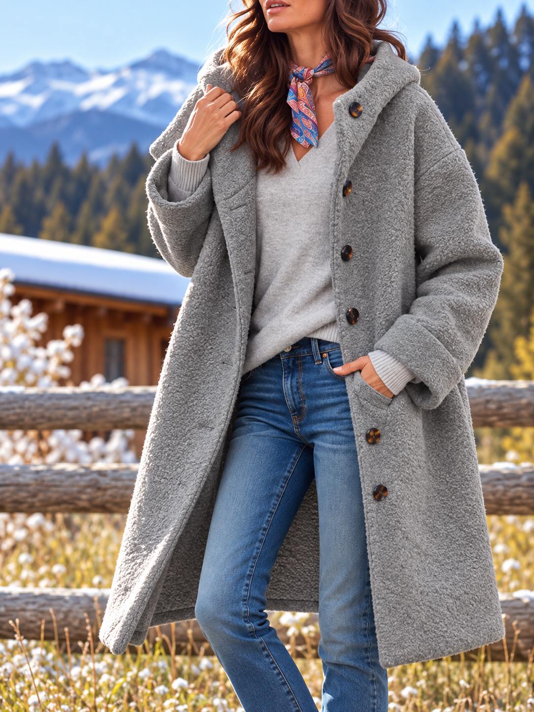 Women's Long Hooded Button-Front Fleece Coat