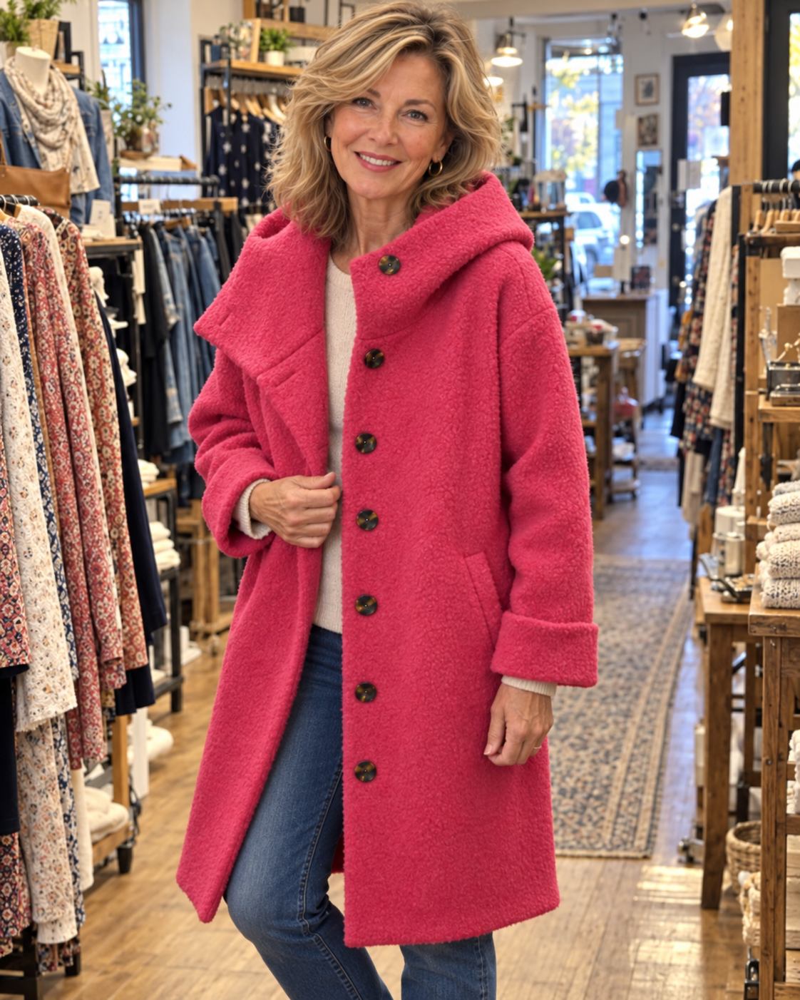 Women's Long Hooded Button-Front Fleece Coat