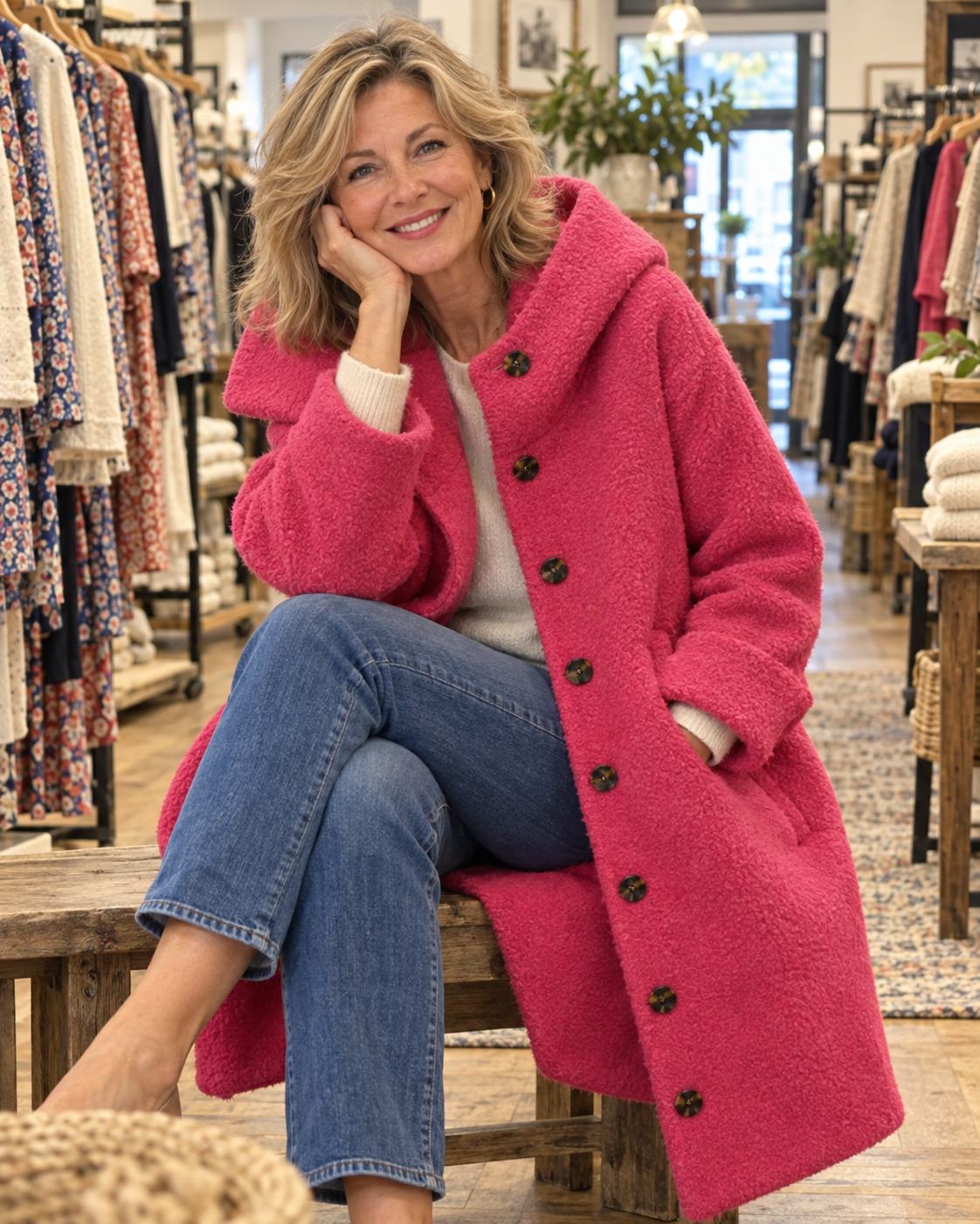 Women's Long Hooded Button-Front Fleece Coat