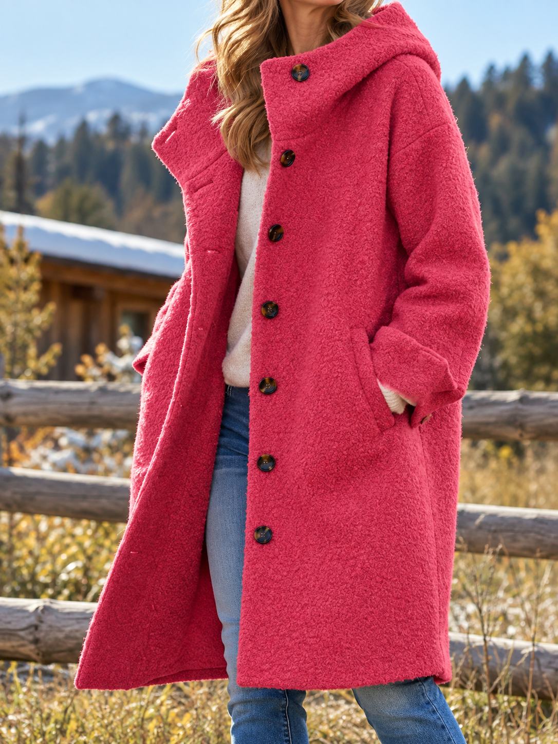 Women's Long Hooded Button-Front Fleece Coat