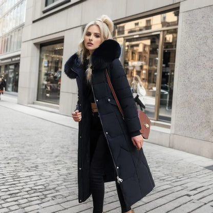 Women's Longline Quilted Puffer Coat with Fur-Trimmed Hood in Black