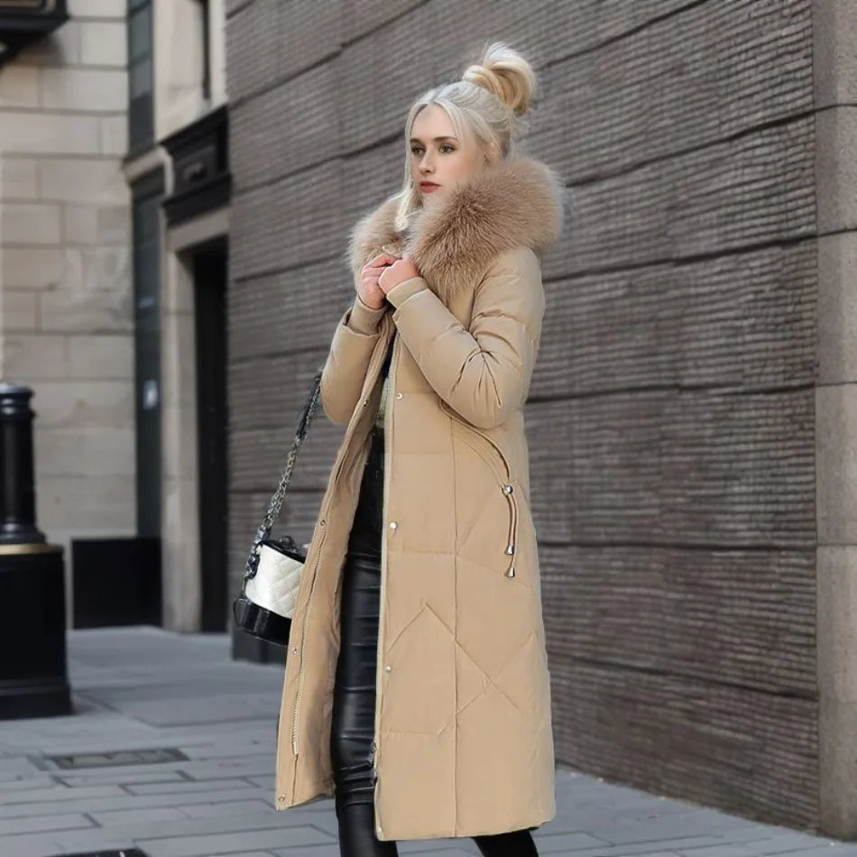 Women's Longline Quilted Puffer Coat with Fur-Trimmed Hood in Khaki
