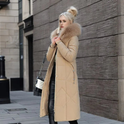 Women's Longline Quilted Puffer Coat with Fur-Trimmed Hood in Khaki