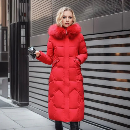 Women's Longline Quilted Puffer Coat with Fur-Trimmed Hood in Red