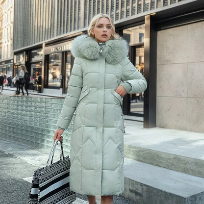 Women's Longline Quilted Puffer Coat with Fur-Trimmed Hood in Sage Green