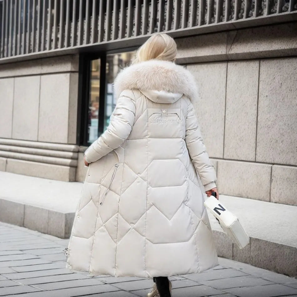 Women's Longline Quilted Puffer Coat with Fur-Trimmed Hood — view 1