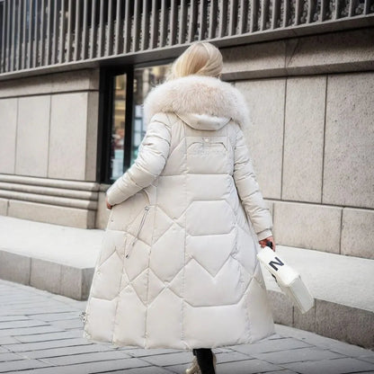 Women's Longline Quilted Puffer Coat with Fur-Trimmed Hood — view 1
