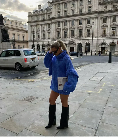 Women's Oversized Chunky Knit Turtleneck Sweater — Relaxed Fit in Blue