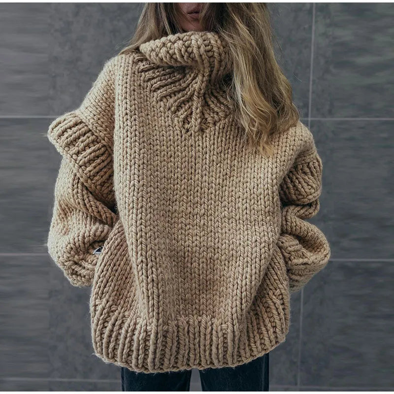 Women's Oversized Chunky Knit Turtleneck Sweater — Relaxed Fit in Brown